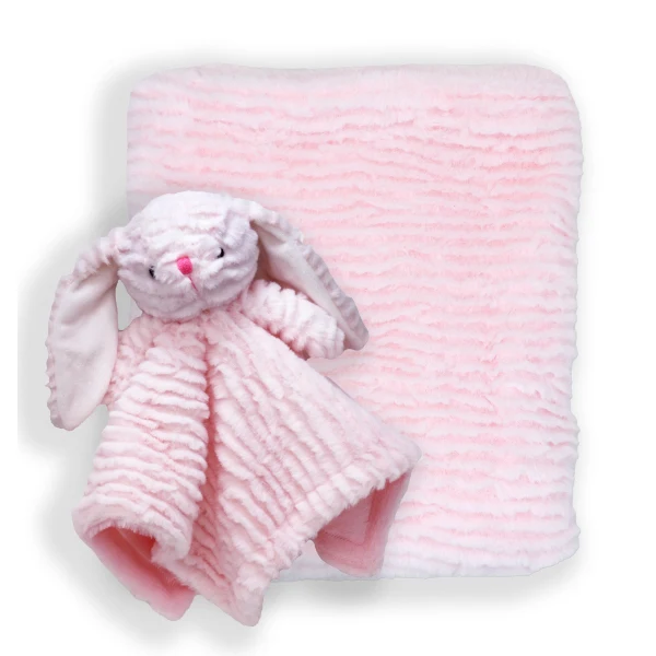 Ridged Plush Blanket W/Nunu Pink Bunny 14x14 IN