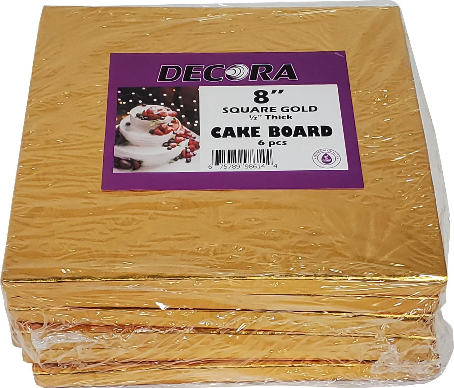 Decora - 8" Square 1/2" Cake Board - Gold — Case (6 CT)