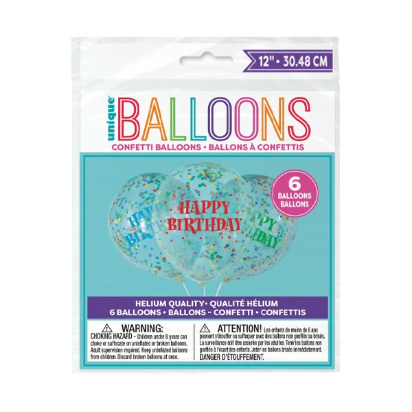 Unique - Birthday Clear Latex Ballon W/Bright Confetti 6CT