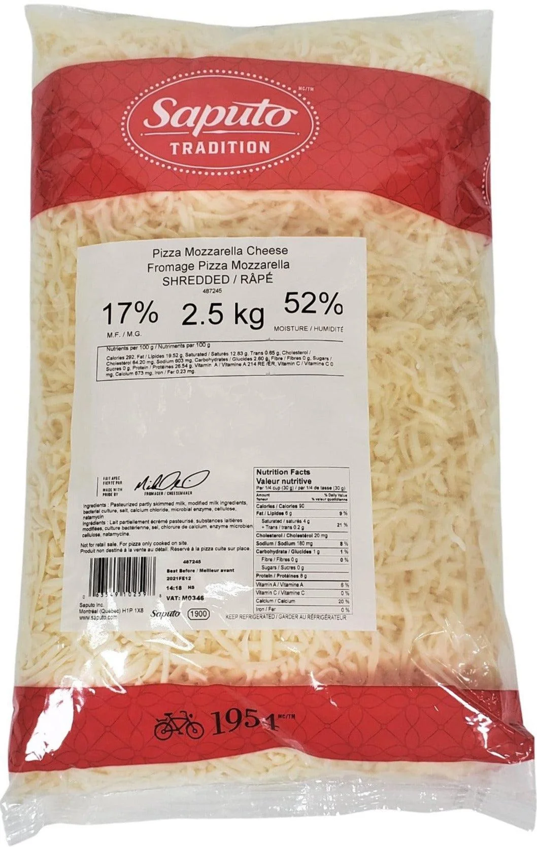 Saputo - Cheese - 17% M.G. - Pizza Mozzarella — Case (4 x 2.5 KG)