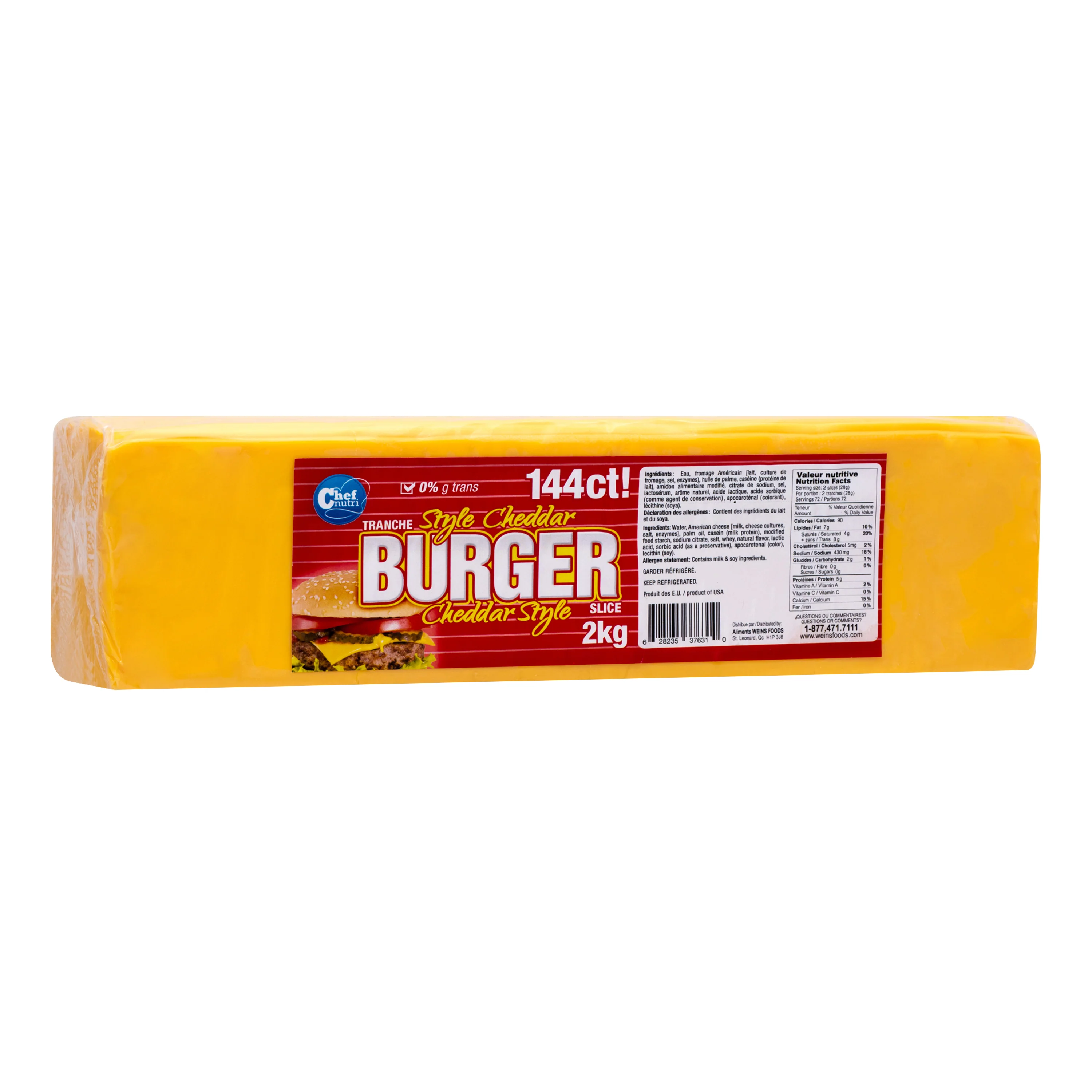 Chef Nutri - -Cheddar Cheese Slices for Burger(144ct) - 80631 — Case (2 x 2 KG)