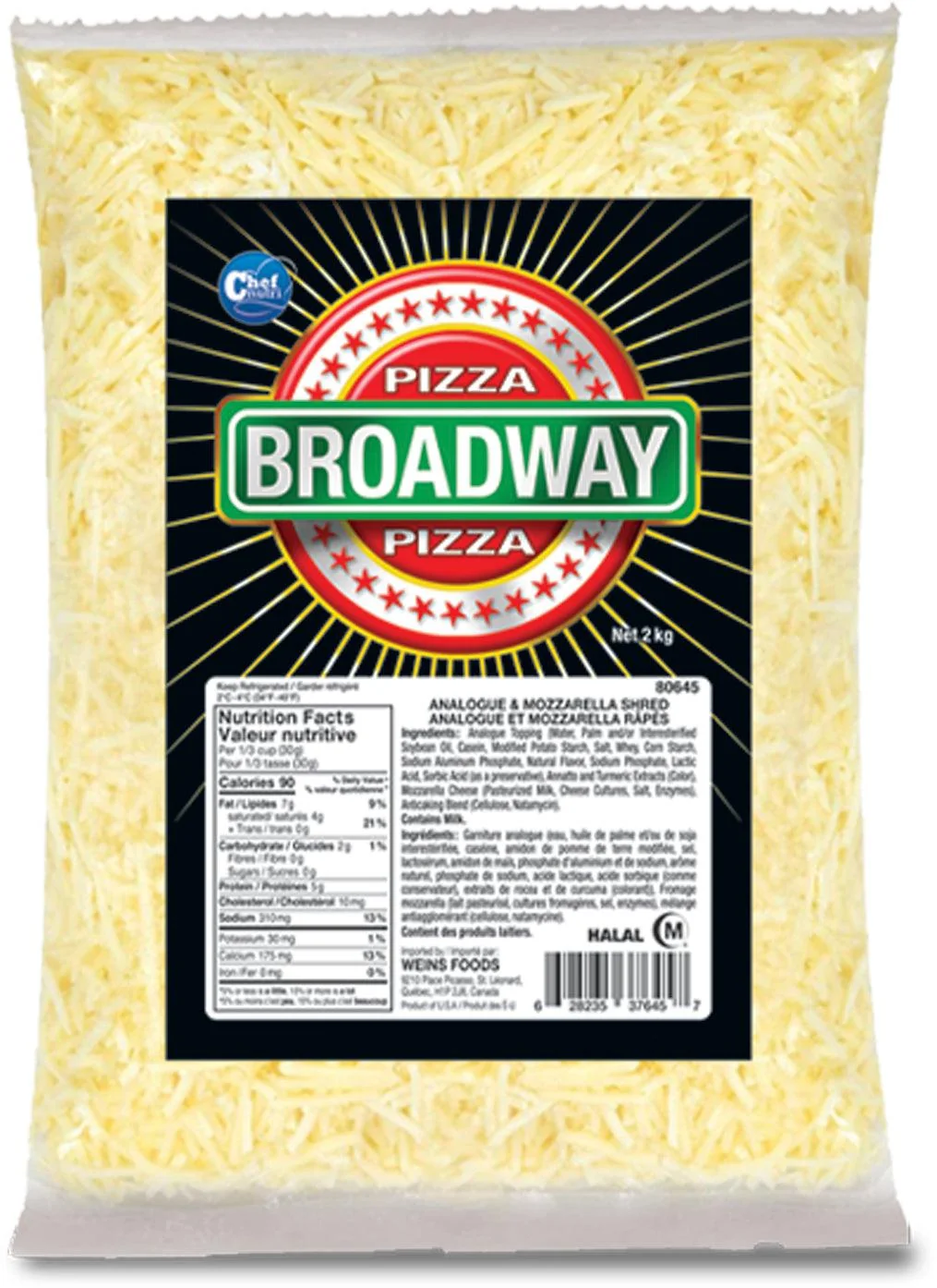 Chef Nutri - Broadway Pizza Topping & Mozzarella - Shredded — Each (2 KG)