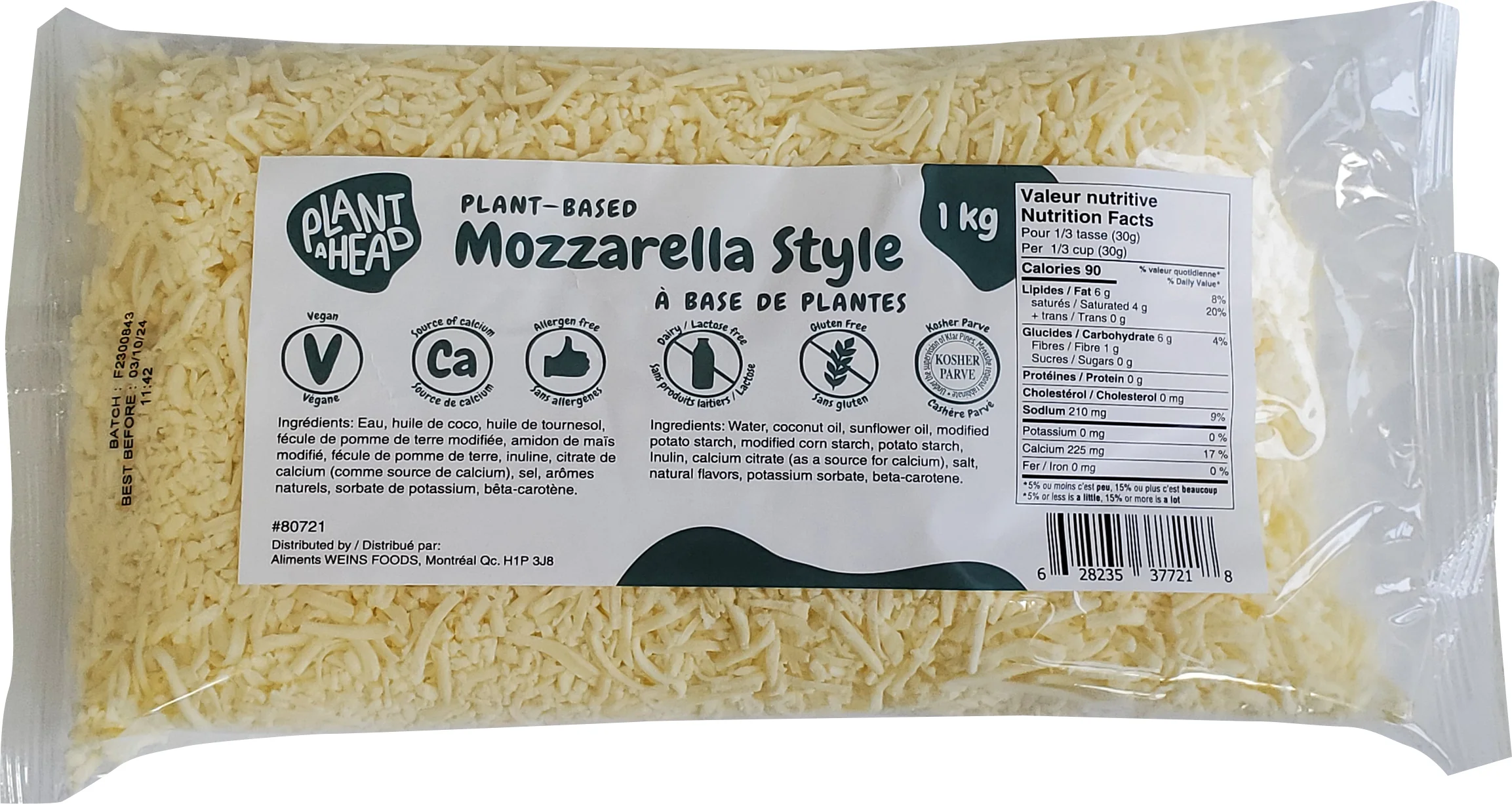 Plant Ahead - Vegan Mozzarella - Shredded — Each (1 KG)