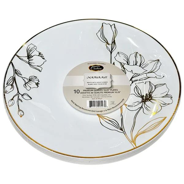 Naturale - 10.25" White Plates W/ Gold Flower 10PK