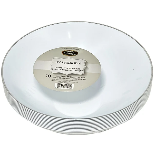 Naturale - 16oz White Soup Bowls W/ Silver Rim 10PK