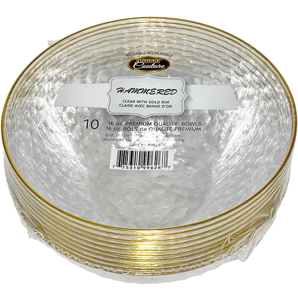 Madison - 16OZ Hammered Clear W/ Gold Rim Bowls 10PK