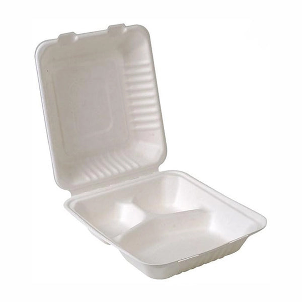 Newwave - 9IN Compostable Bagasse 3 Compartment Hinged 4x50EA