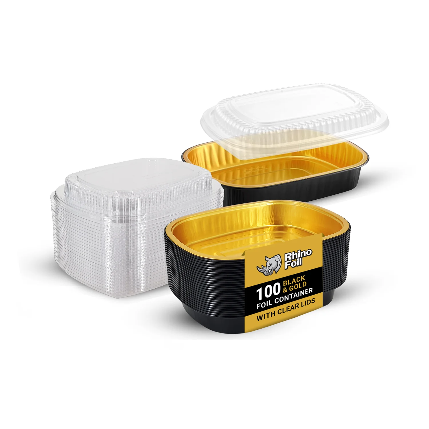 Rhino-Foil - Large (64oz) Black & Gold Foil Cont. w/ Clear Dome Lid — Case (2 x 12 CT)