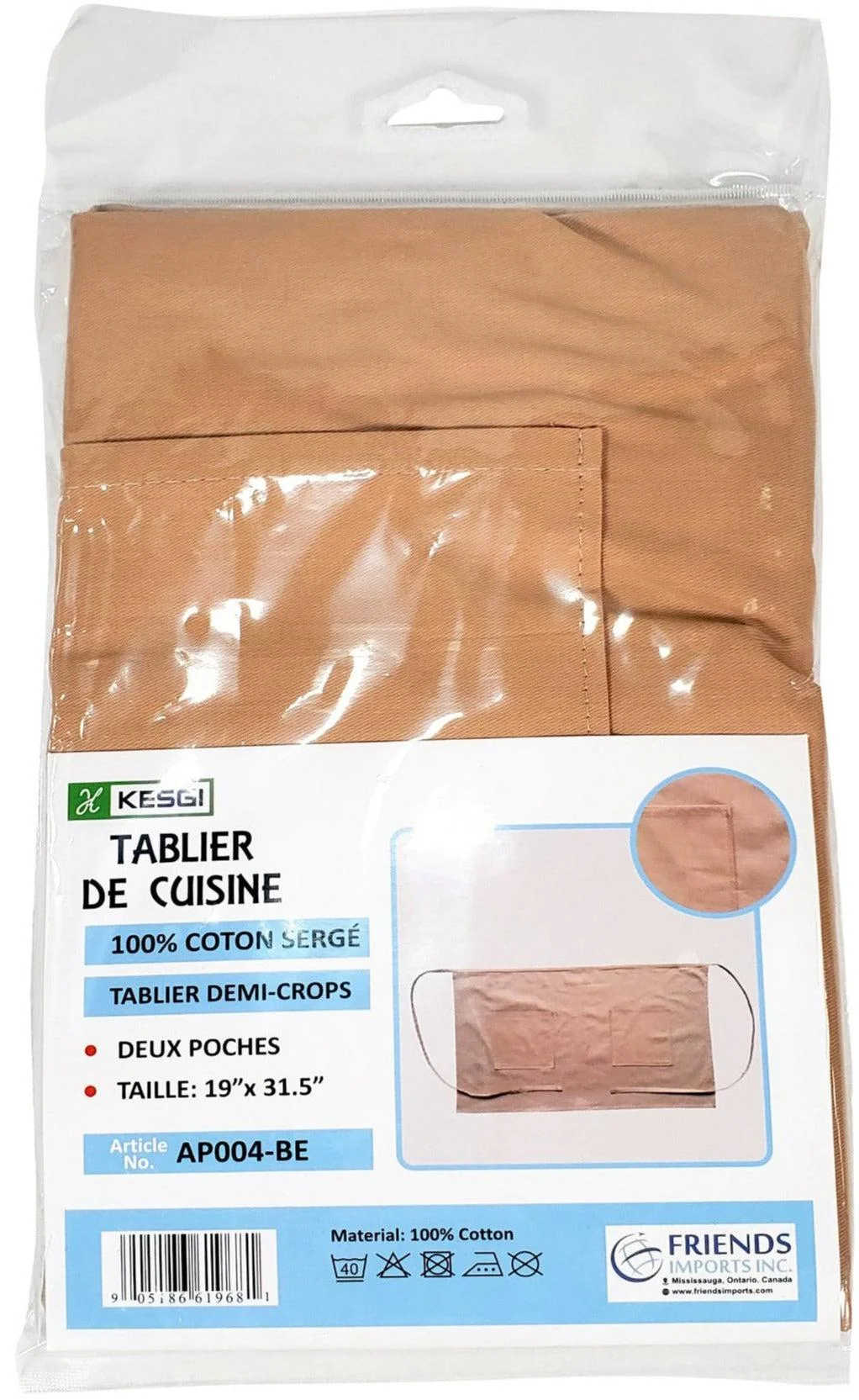 Kesgi - Apron - 1/2 Body - Beige - 2 Pockets - AP004BE — Each (1 CT)