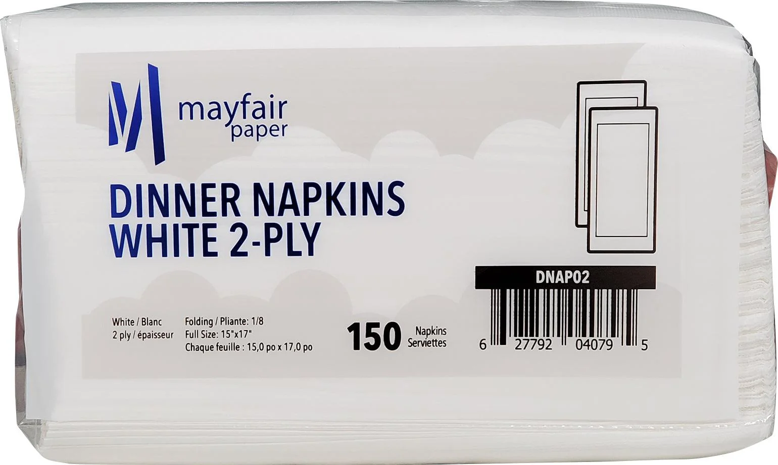 Mayfair - 2 Ply Dinner Napkins 1/8 Fold - White DNAP02 — Case (150 CT)