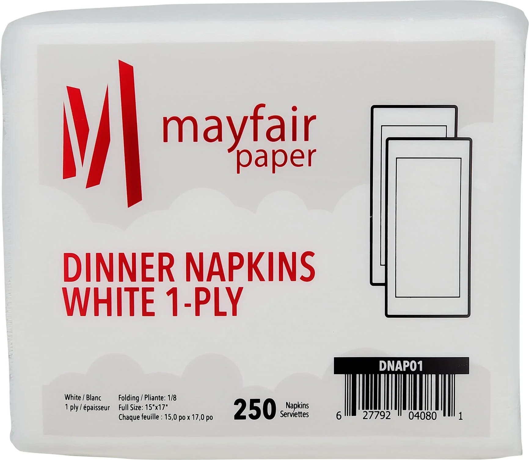 Mayfair - 1 Ply Dinner Napkins 1/8 Fold - White - DNAP01 — Case (250 CT)