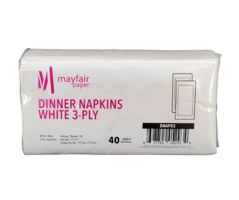 Mayfair - 3 Ply Dinner Napkins 1/8 Fold - White - DNAP03 — Case (40 CT)