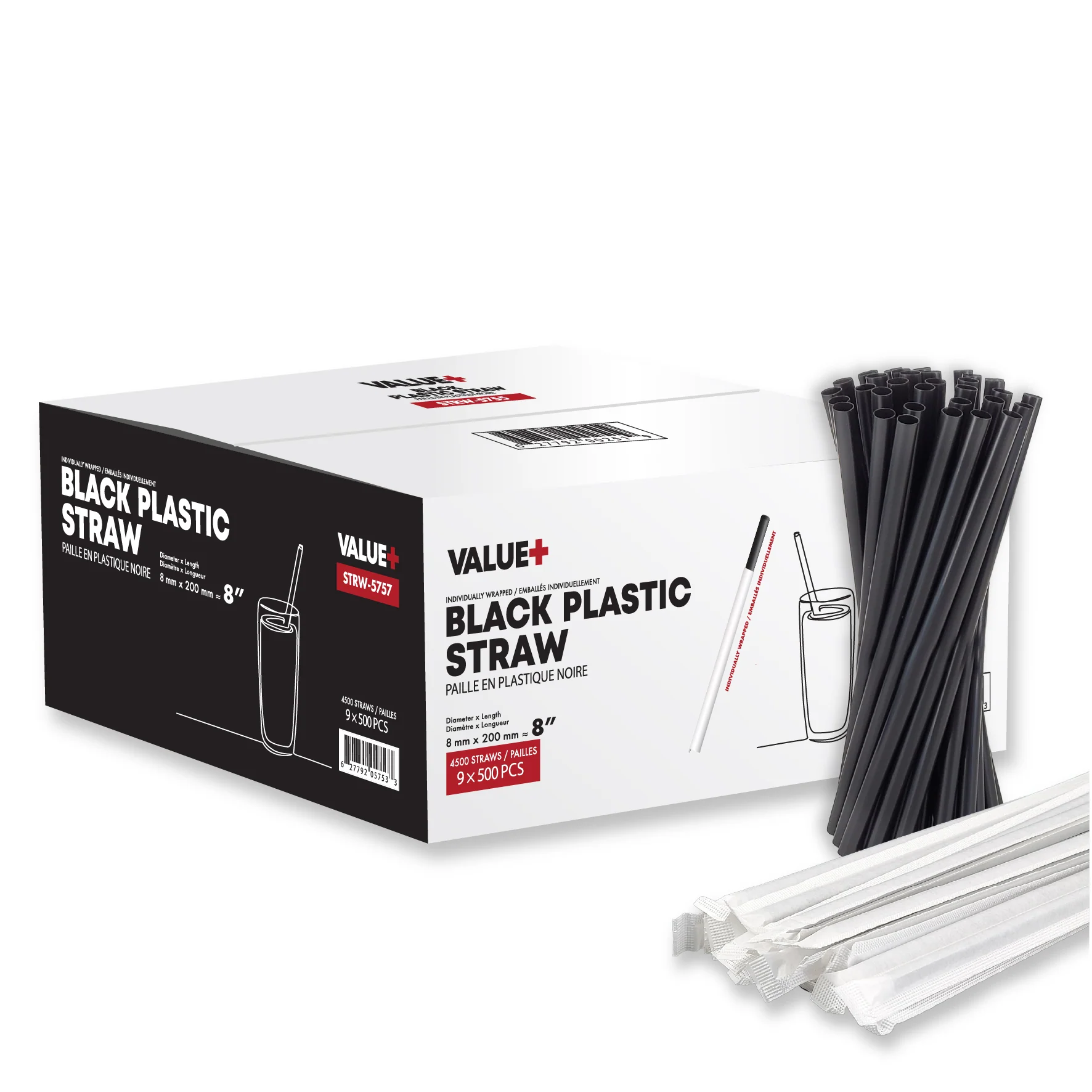 Value+ - 8" Black Plastic Jumbo Straws - Ind. Wrapped - 8mm — Case (500 CT)