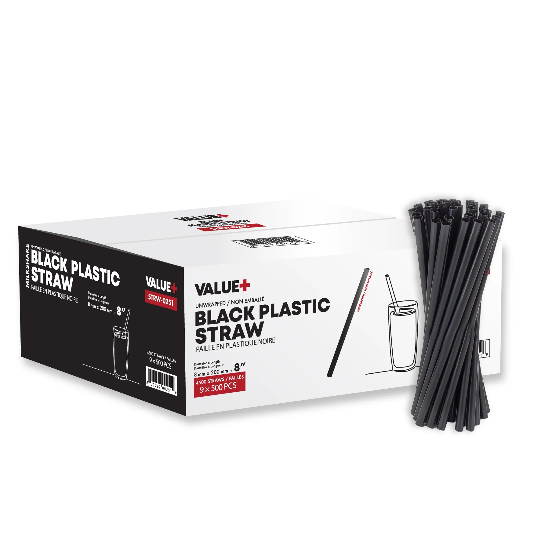 Value+ - 8" Black Plastic Jumbo Straws - 8mm — Case (9 x 500 CT)