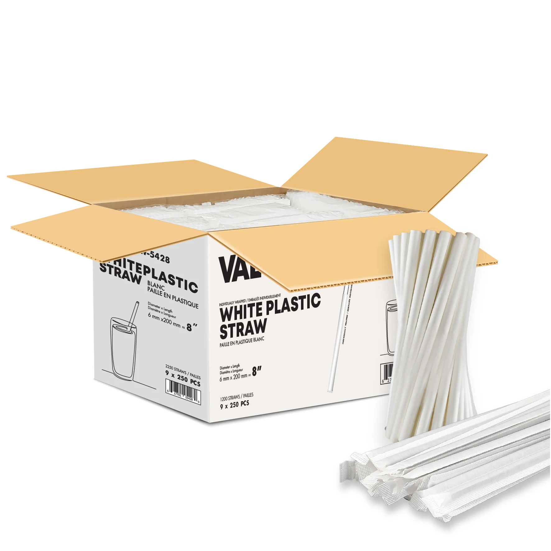 Value+ - 8" White Plastic Straw - Milkshake - Wrapped - 6 mm — Case (9 x 250 CT)