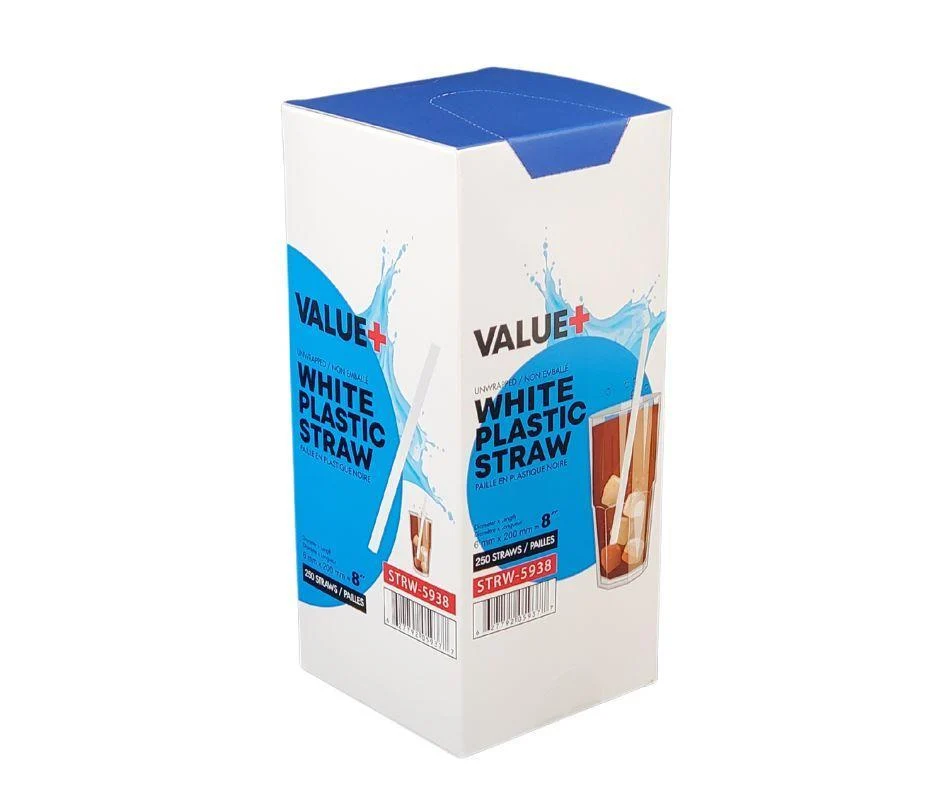 Value+ - 8'' Milkshake Straws – White - Plastic - 6 mm — Case (9 x 250 CT)