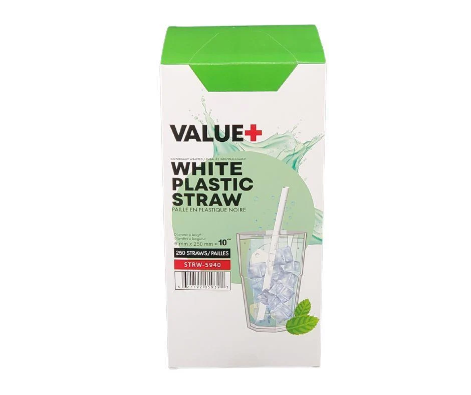 Value+ - 10'' Ind. Wrapped Milkshake Straws – White – Plastic - 6 mm — Case (9 x 250 CT)
