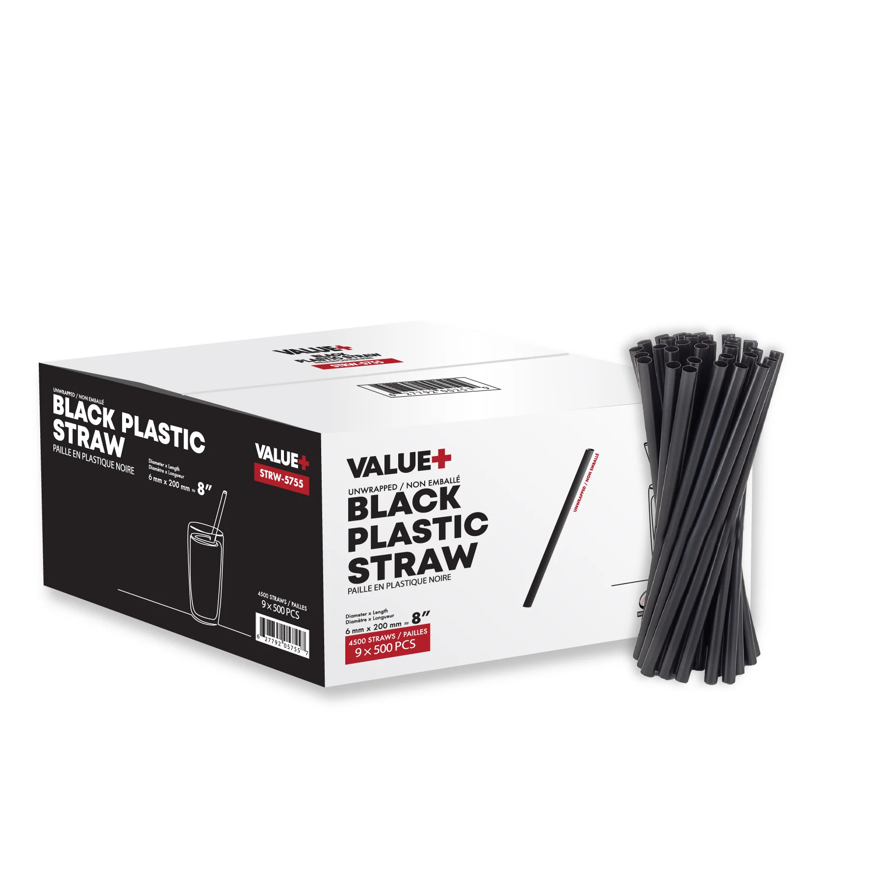 Value+ - 8'' - Black Plastic Straw - 6 mm — Case (500 CT)
