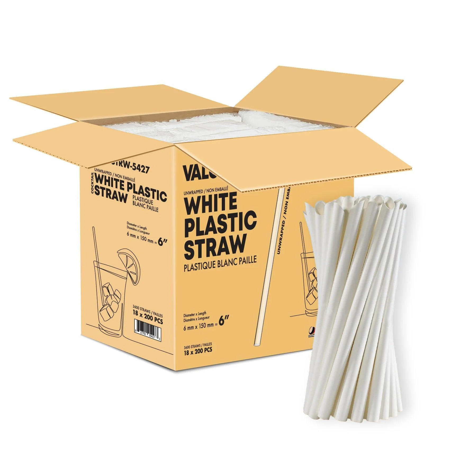 Value+ - 6" White Plastic Straw - Sharp End - 6 mm — Case (18 x 200 CT)
