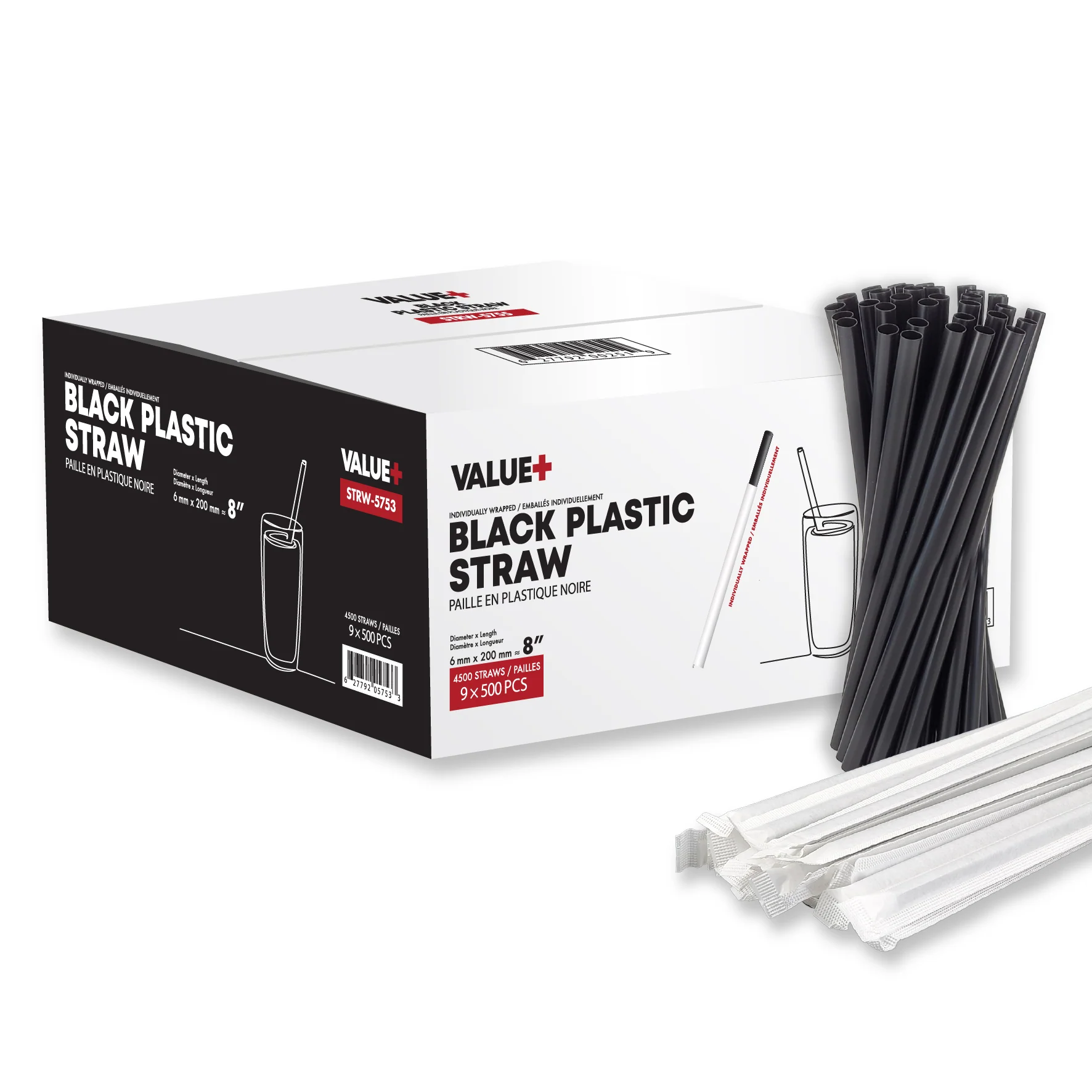 Value+ - Milkshake - 8" Black Plastic Straw - Ind. Wrapped - 6 Mm — Case (500 CT)