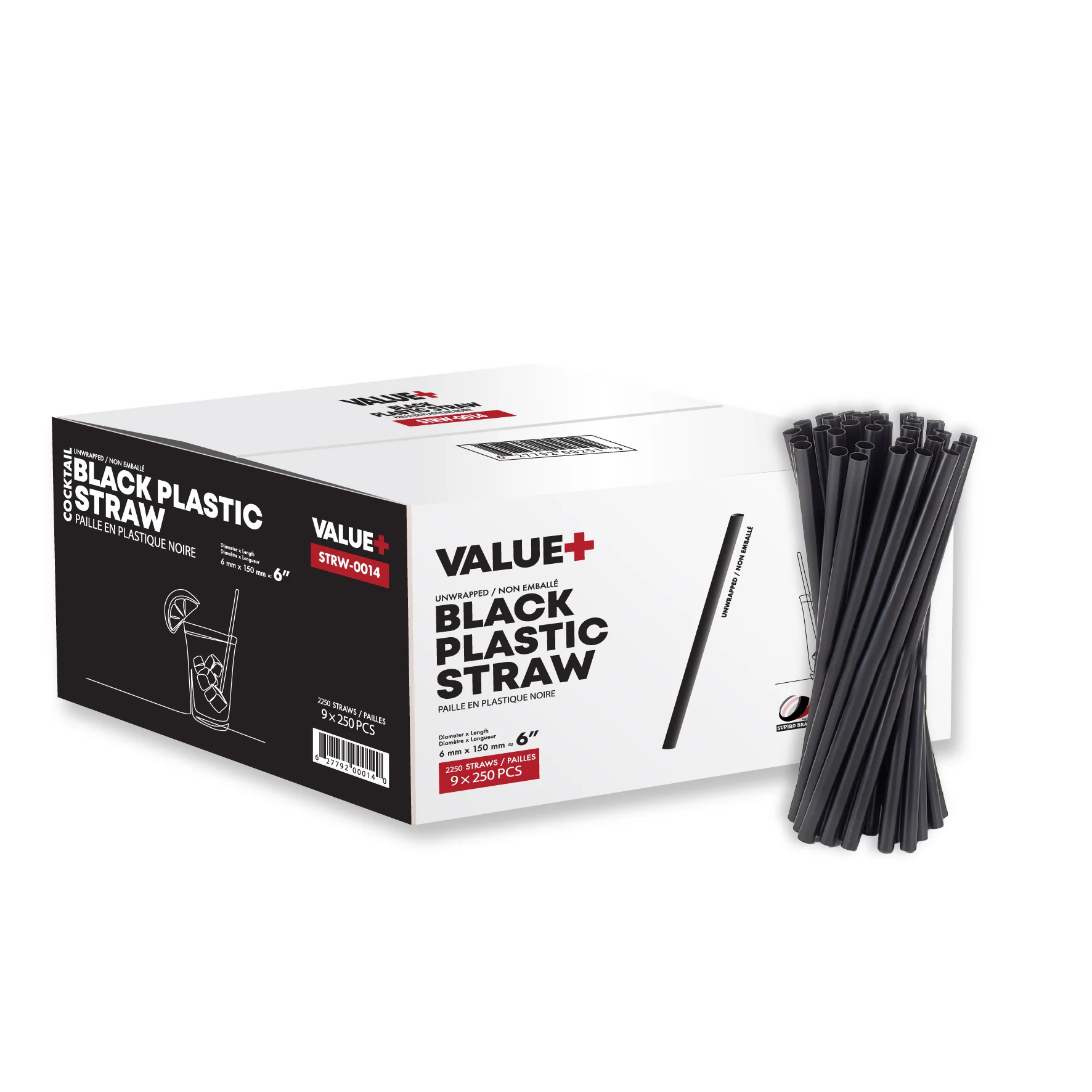 Value+ - 6" Black Plastic Cocktail Straws - 6mm — Case (9 x 250 CT)