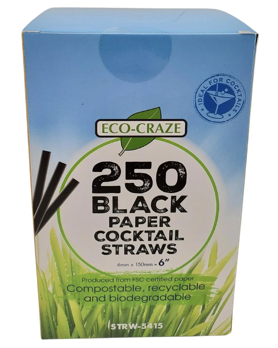 Eco-Craze - 6" Cocktail Straws - Paper - Black - 6mm — Case (12 x 250 CT)