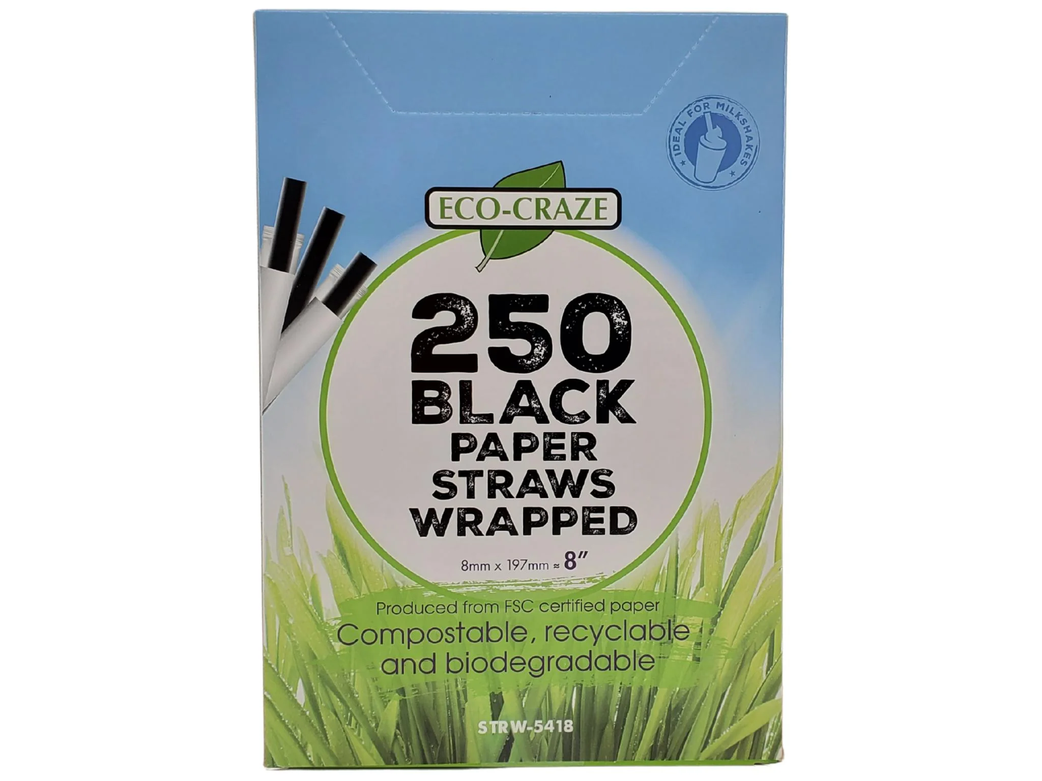 Eco-Craze - 8"- Ind Wrapped - Jumbo Straws - Paper - Black - 8mm — Case (12 x 250 CT)
