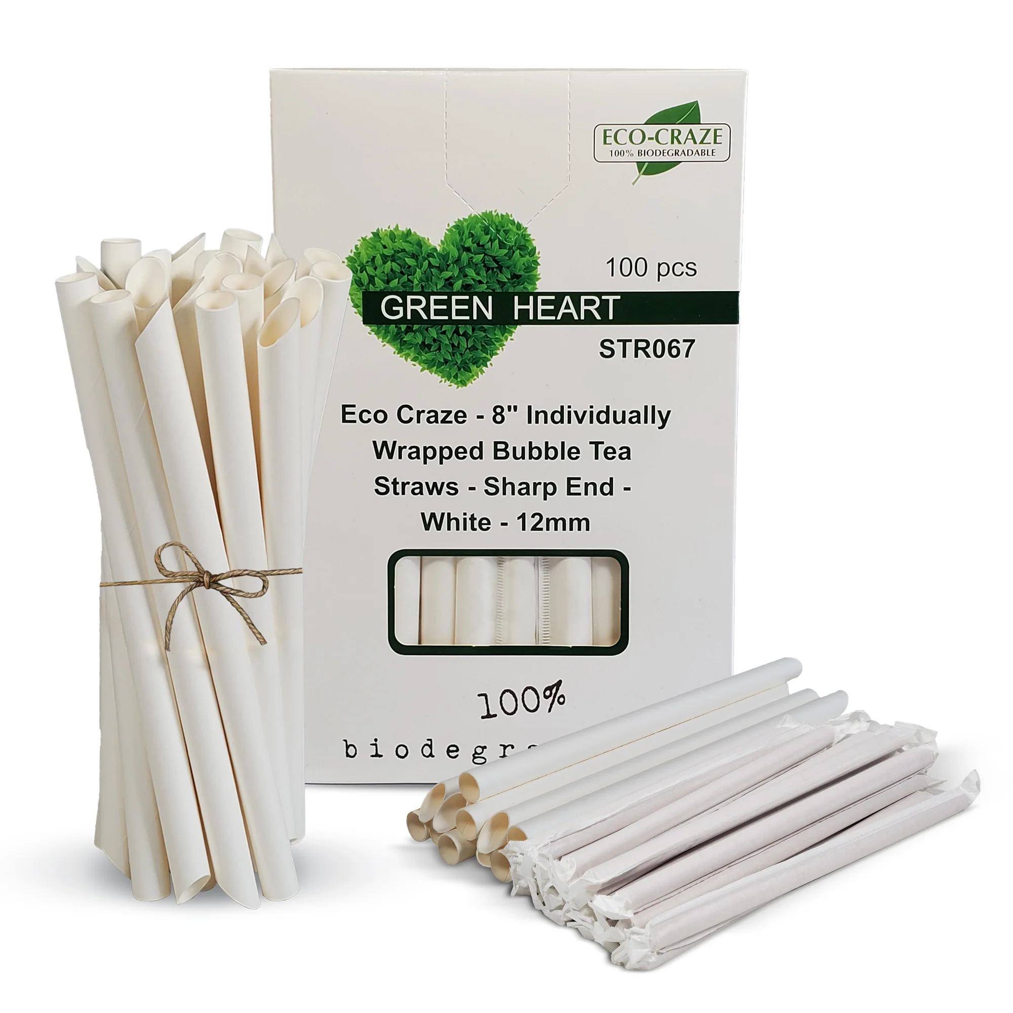 Eco-Craze - 8" Ind. Wrapped Bubble Tea Straws - Paper - Sharp End - White - 12mm — Case (12 x 100 CT)