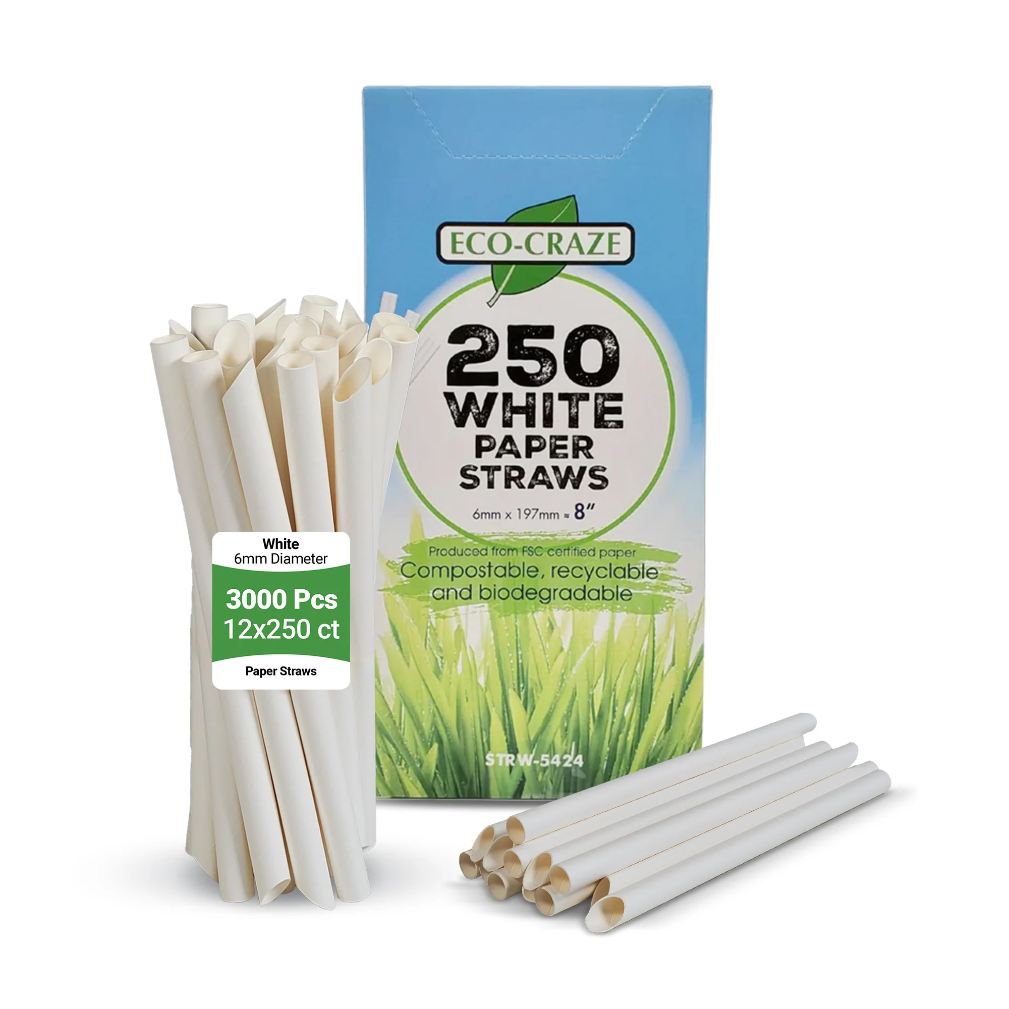 Eco-Craze - 8" White Paper Straw - 6 mm — Each (250 CT)