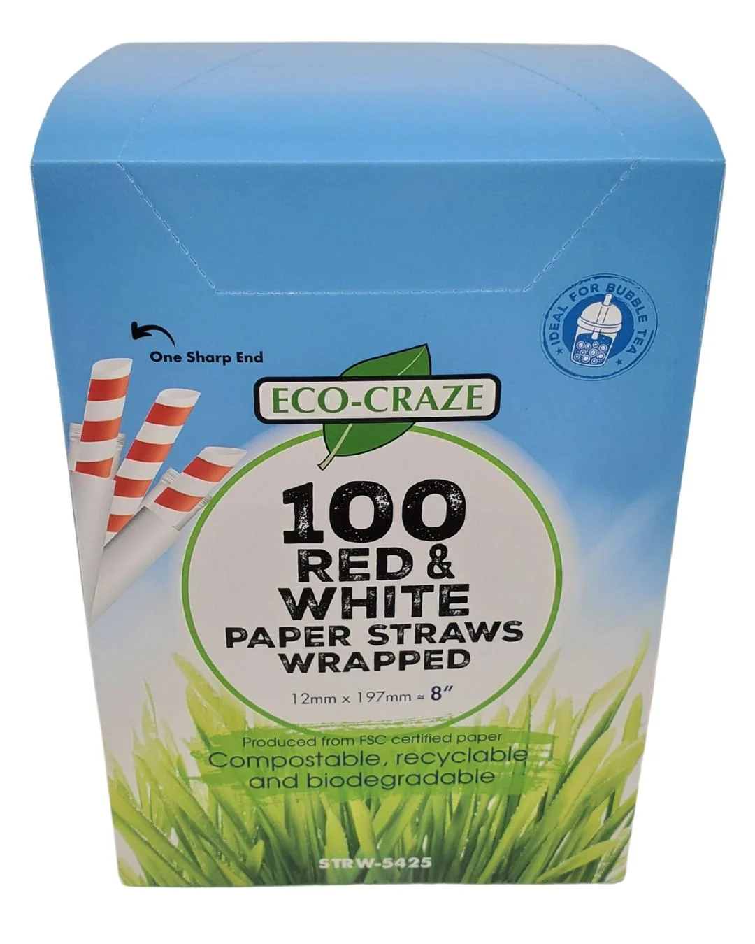 Eco-Craze - 8" Red & White Paper Straw - Bubble Tea - Sharp End - Wrapped - 12 mm — Case (12 x 100 CT)