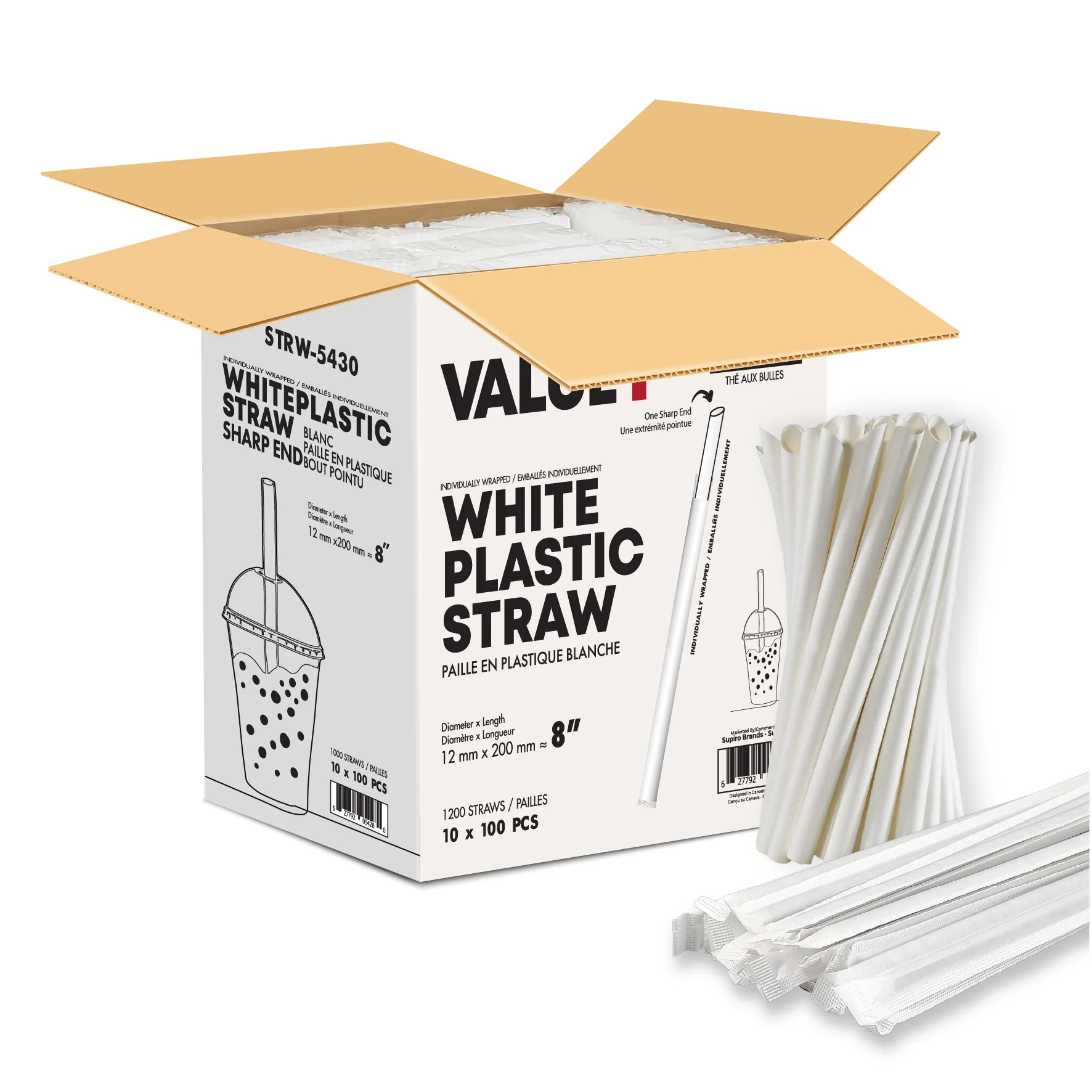 Value+ - 8"- Ind Wrapped - White Plastic Straw - Bubble Tea - Sharp End - White - 12 mm — Case (100 CT)