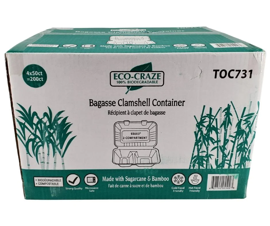 Eco-Craze - Bagasse Clamshell Container - 9X6 - 2 Comp — Case (50 CT)