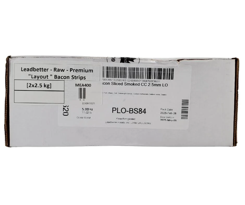 Leadbetter Premium Bacon Strips - Raw, Layout — Case (2 x 2.5 KG)
