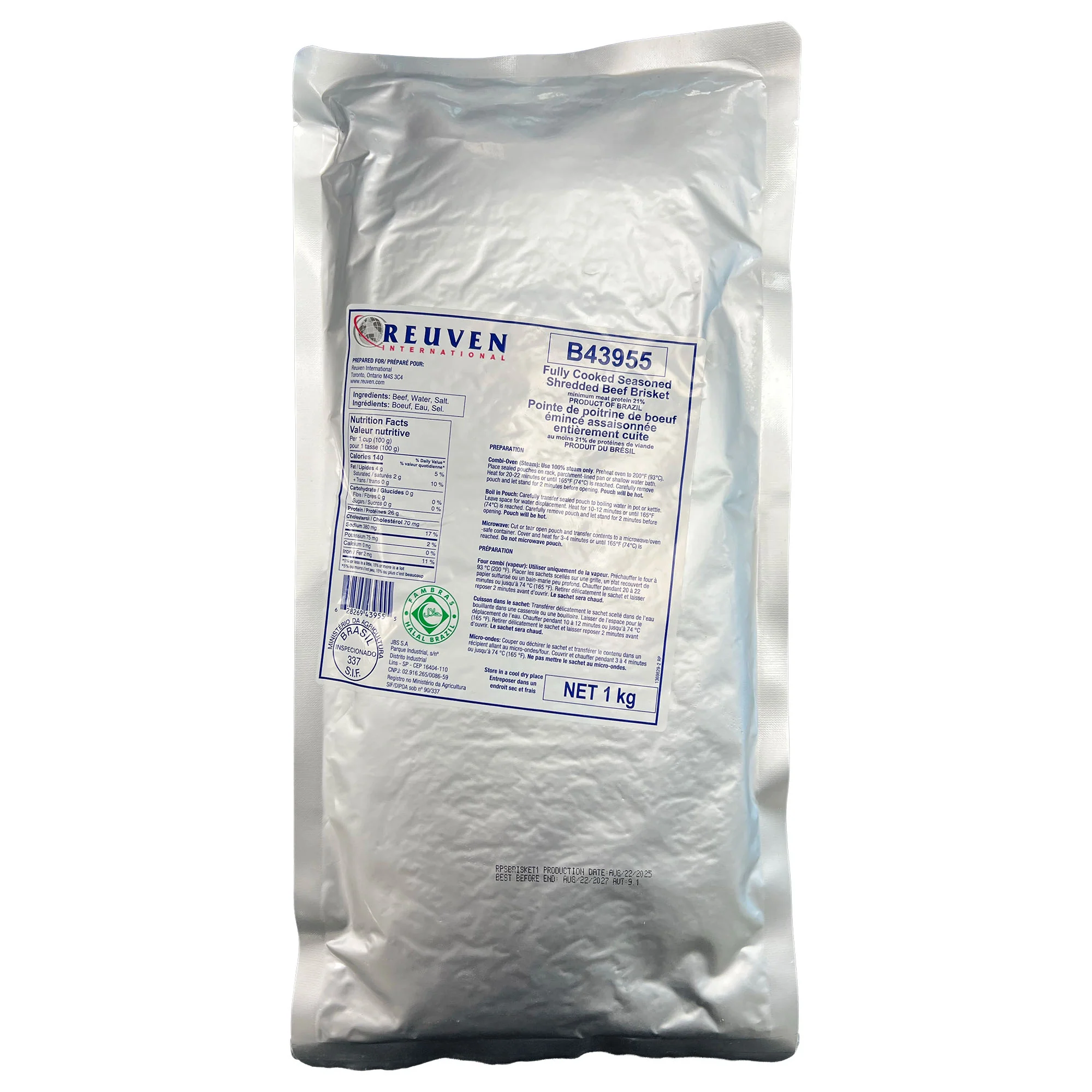 Reuven Fully Cooked Seasoned Shredded Beef Brisket — Case (4 x 1 KG)