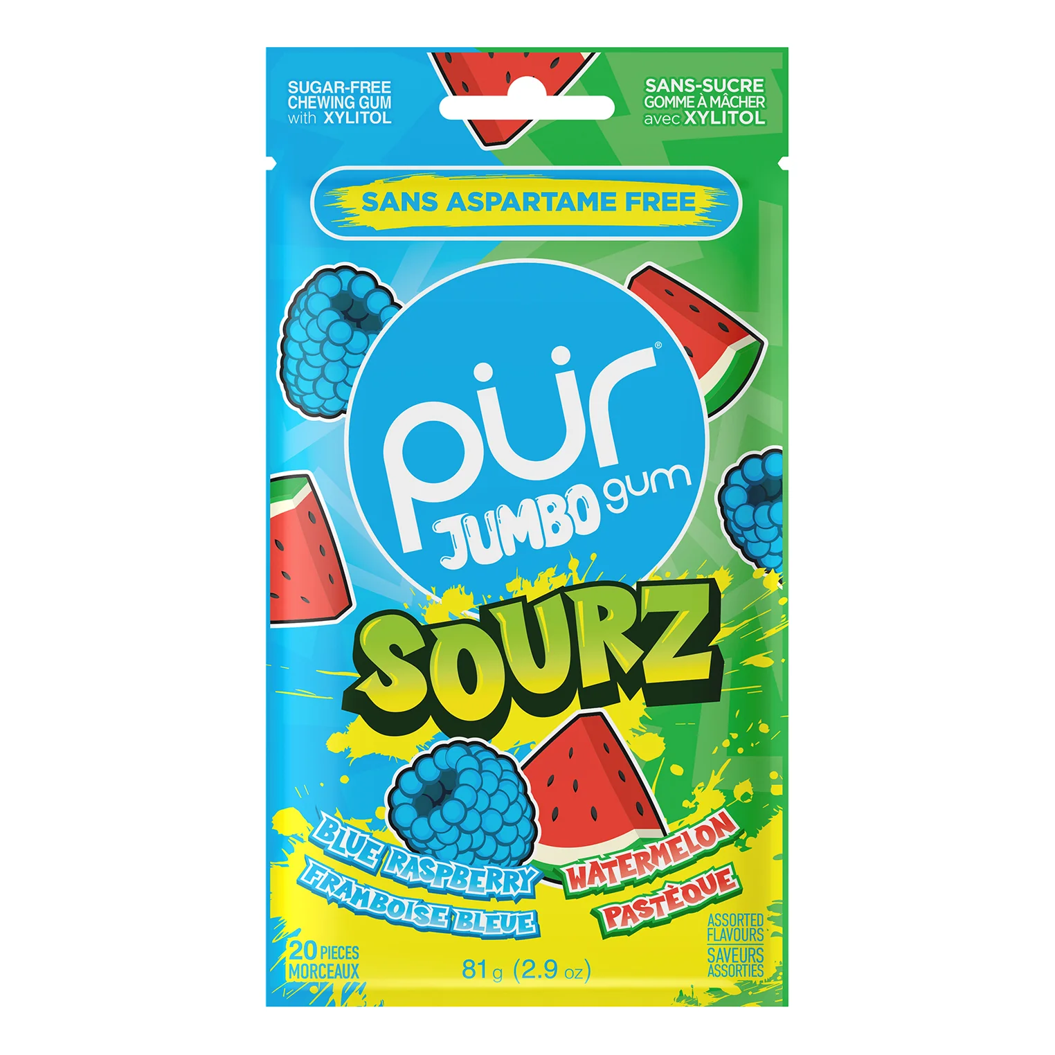 Pur - Jumbo Gum Sourz Blue Raspberry Watermelon 10x81 GR