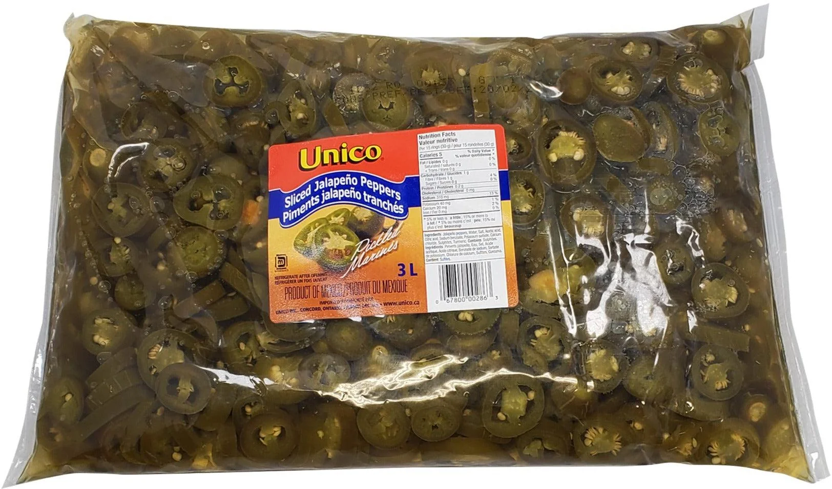 Unico Sliced Jalapeno Peppers — Case (6 x 3 L)